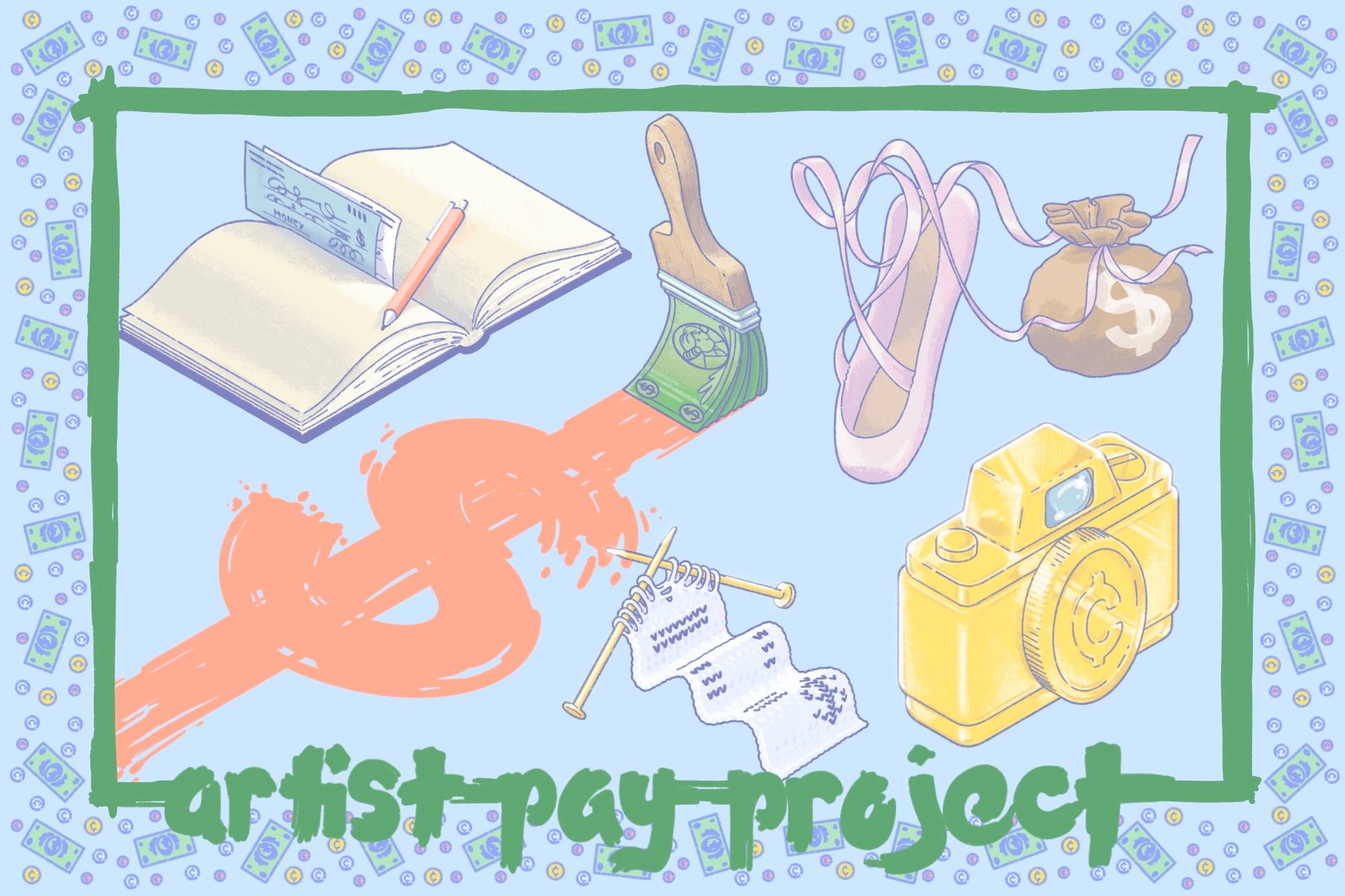 Illustrated image showing a book with a check inside, a dollar sign painted, ballet slippers, with a money bag attached.