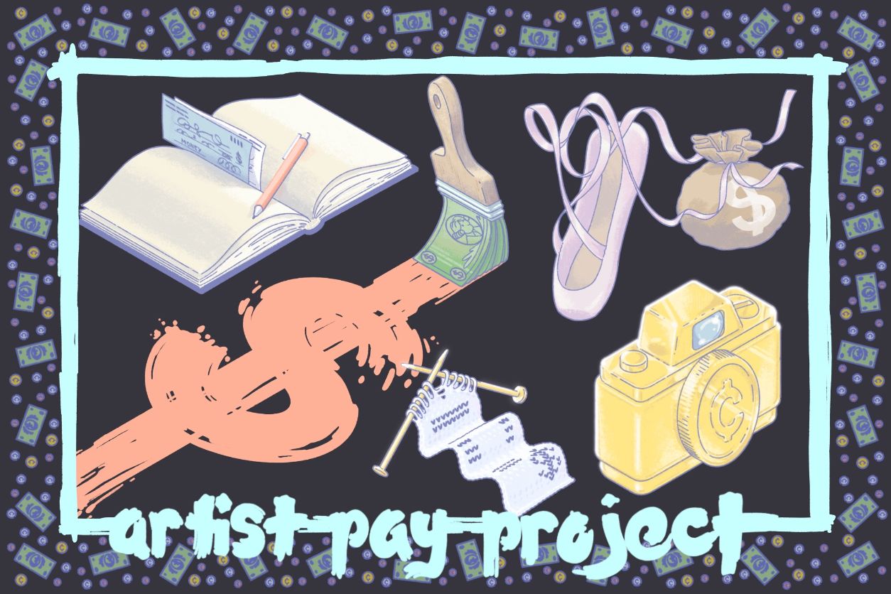 Collage image for the artist pay project. Includes a book, paintbrush made of dollar bills, a ballet slipper, knitted recipt