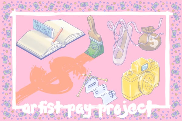 A few collaged images include a yellow camera, ballet slipper, and money bag