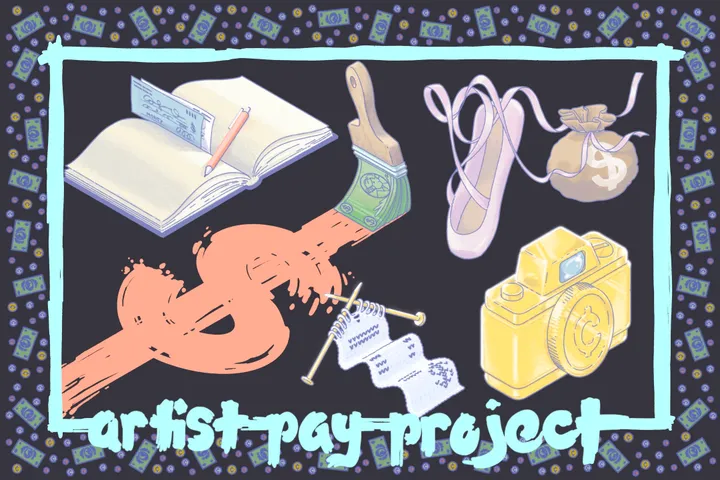An illustration of items including a brush made up of dollars, ballet slipper, camera on a black background.