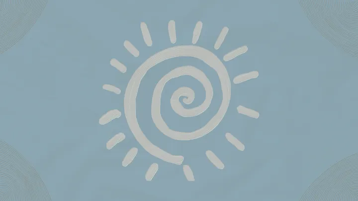 A spiraly sun over a gray/blue backgroun