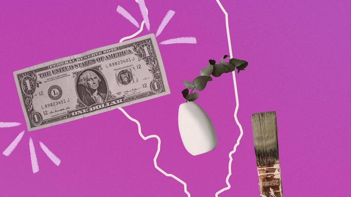 Collaged image of paint brush, ceramic vase, and dollar bill over an outline of Illinois.