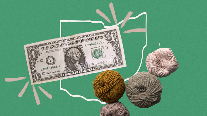 Collaged image of yarn, a dollar, and an outline of Ohio. Credit: Makeda Easter
