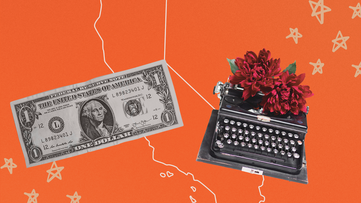 Collaged image of a typewriter, dollar bill, and outline of California. Credit: Makeda Easter